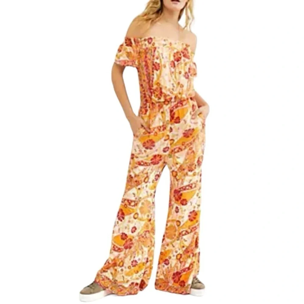 Free People Carmen Printed Off The Shoulder Wide Leg Jumpsuit Women’s Small